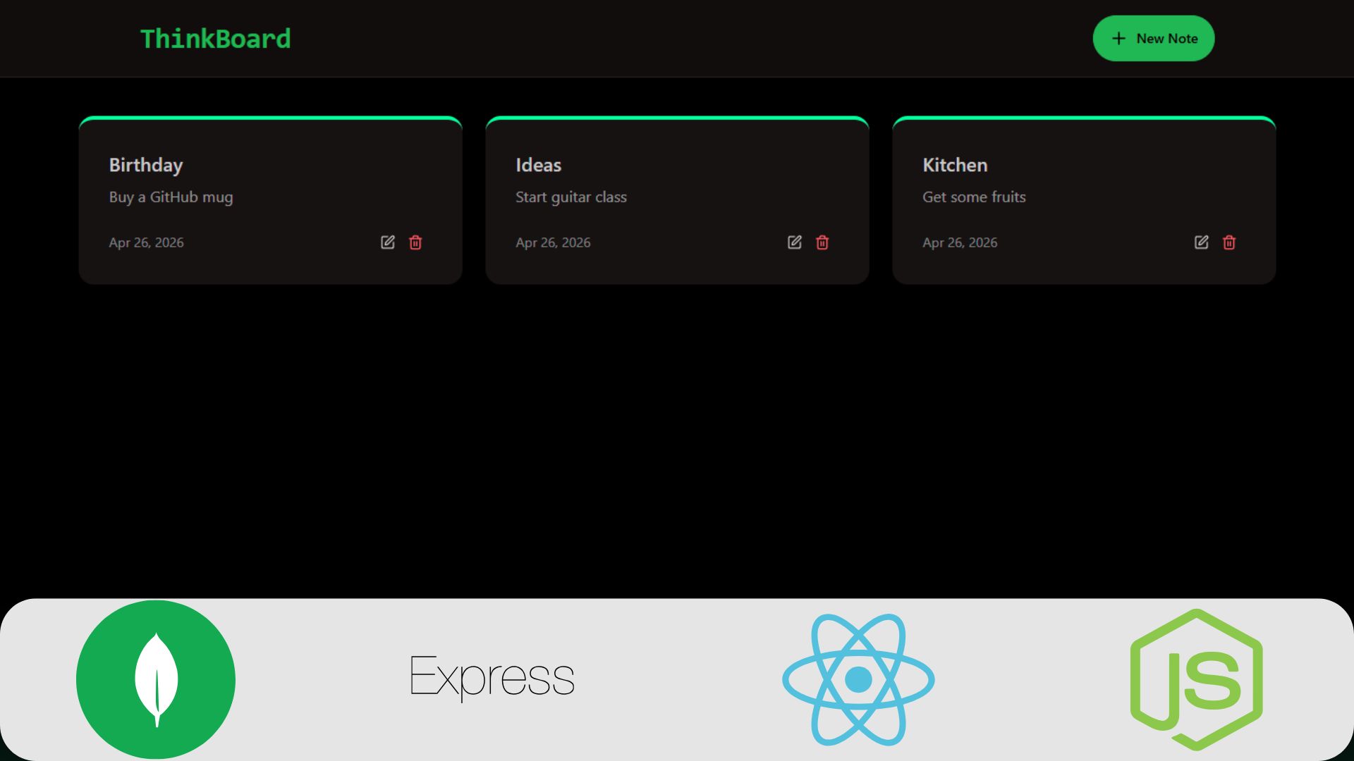 Capa de projeto de um aplicativo de anotação com logos MongoDB, Express, React, Node.js