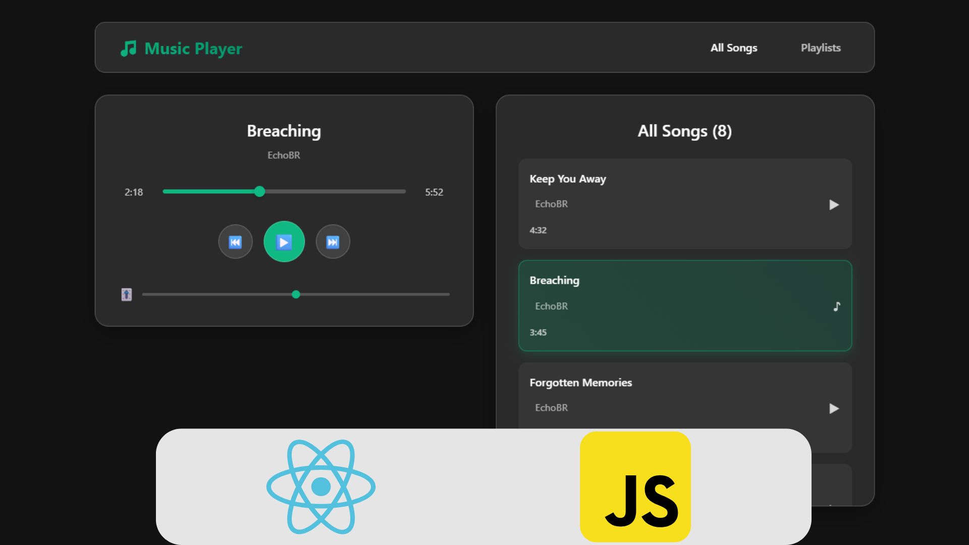 Capa de projeto de player de musica com logos React, JavaScript