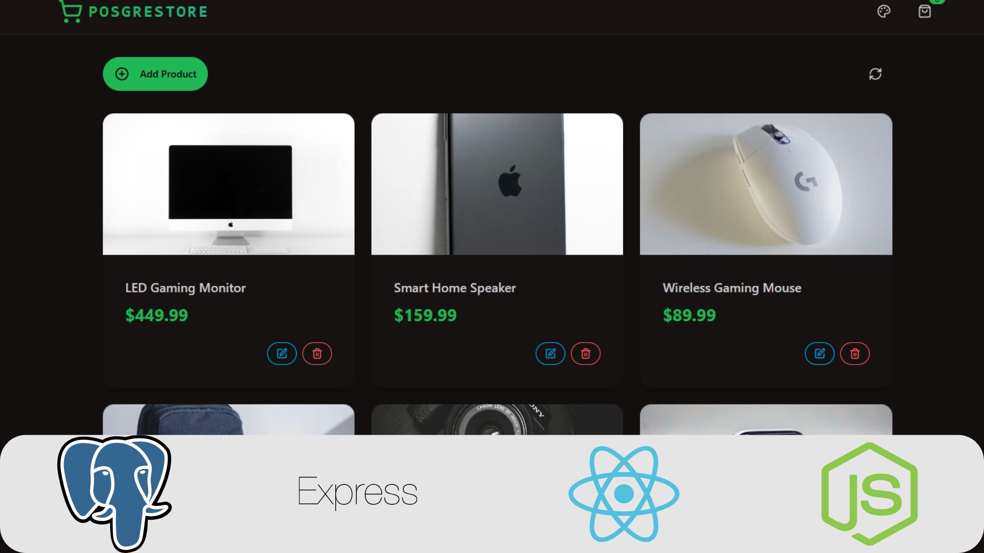 Capa de projeto de uma loja com logos PostgreSQL, Express, React, Node.js