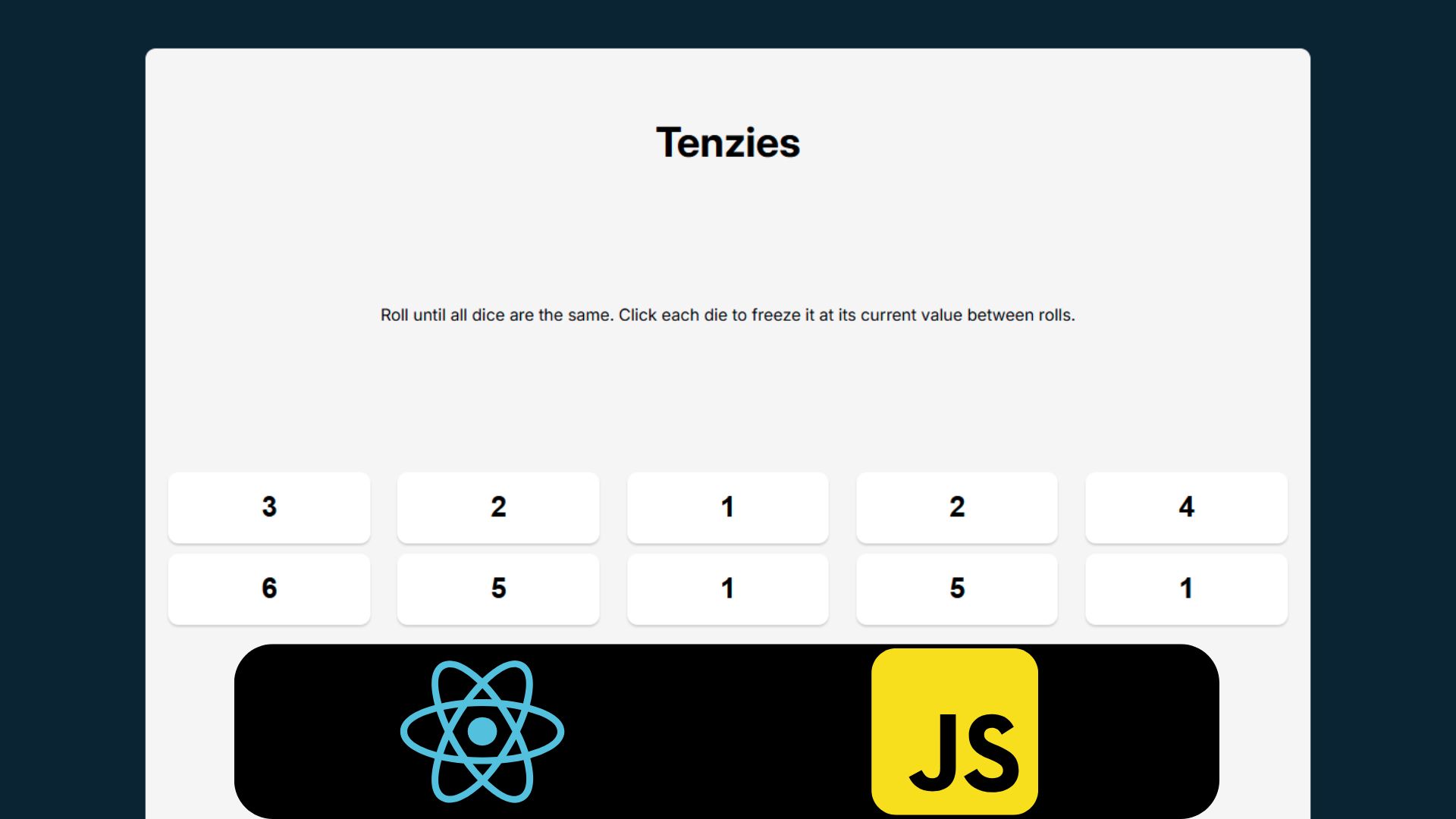 Capa de projeto de um jogo de dados React e JavaScript.